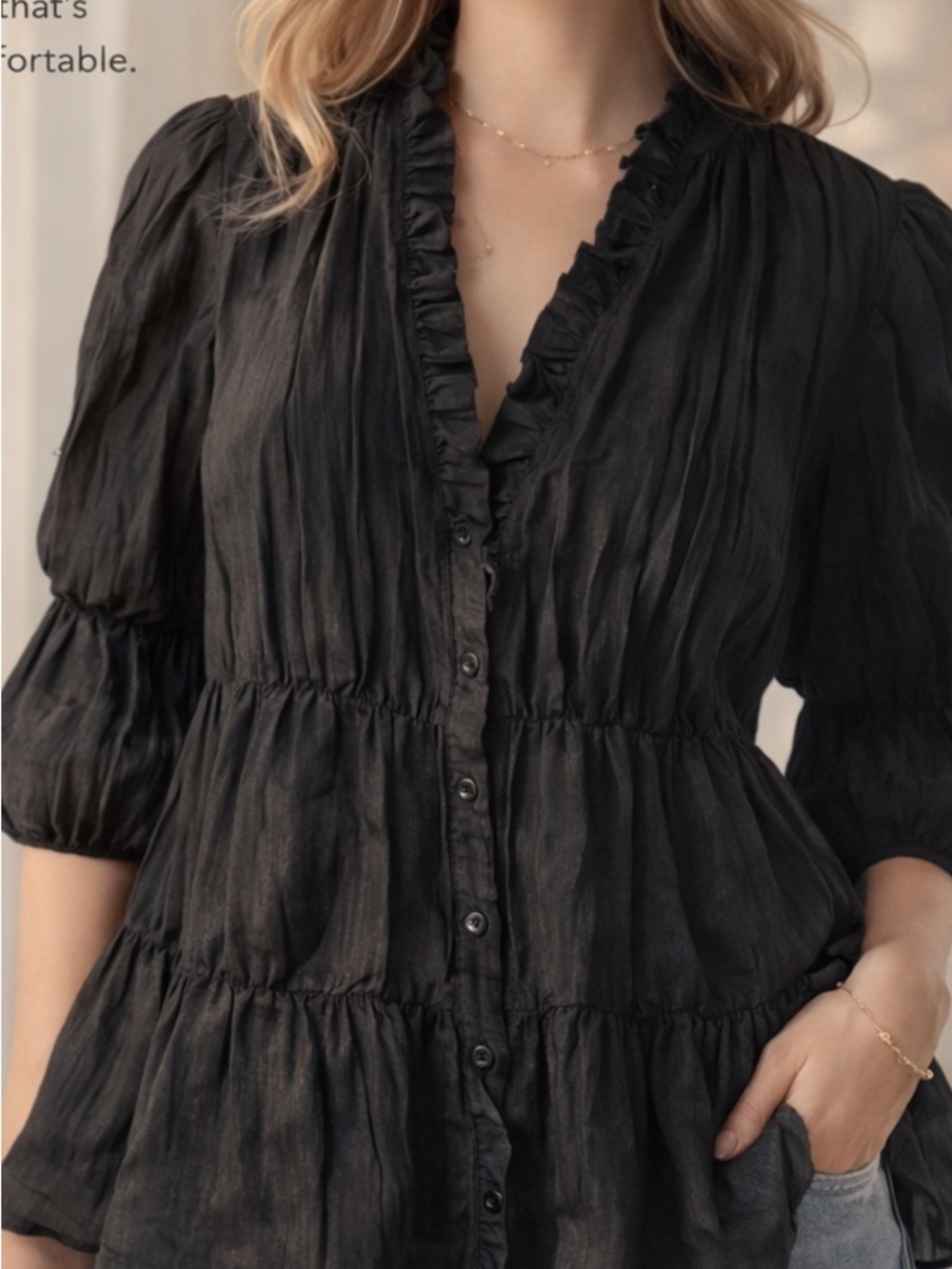 Zara Black Ruffled V-Neck Blouse
